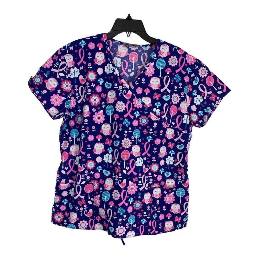 Wear for Care Womens Scrub Shirt Size Large Breast Cancer Owl Ribbons V Neck
